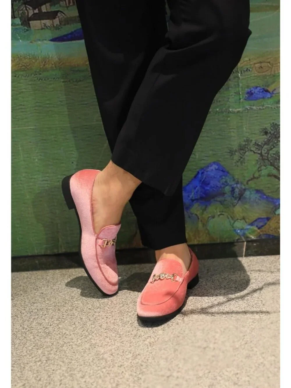 Cenprmon Men's Pink Velvet Penny Loafers Metal Buckle Slip On Tuxedo Party Shoes